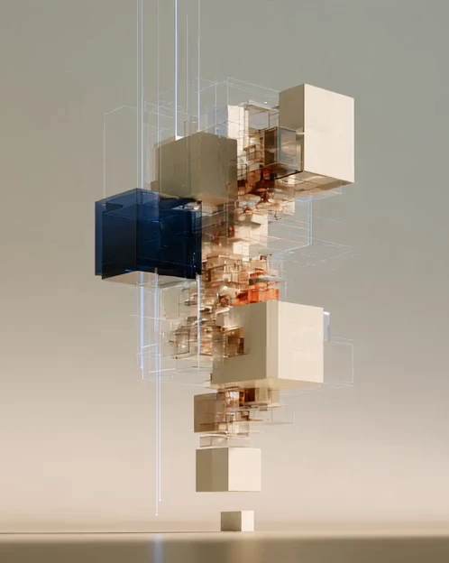 Modules blancs et bleu encre qui s'assemblent en une structure, comme un logiciel construit lot par lot