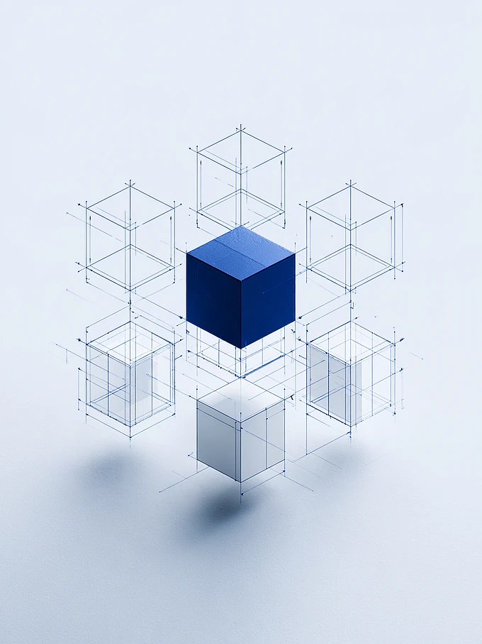 Vue éclatée d'un logiciel : un premier module construit en bleu encre, les suivants encore en plan